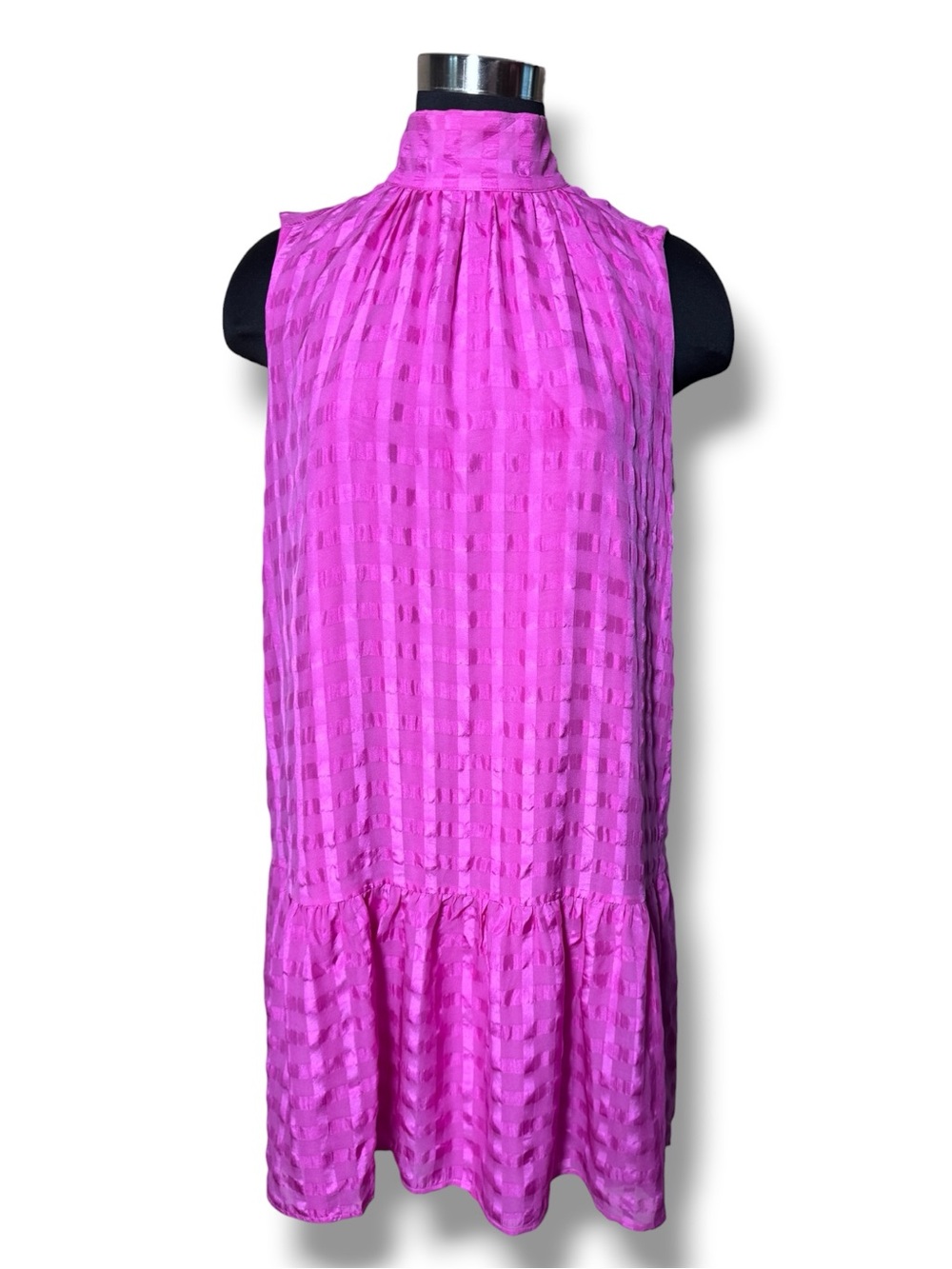 Marie Oliver Silk Sleeveless High-Neck Pink Check-Texture Shift Dress